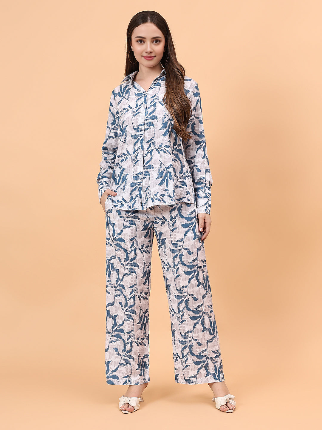 Women's Leaf Printed Shirt with Pants Co-Ord Set
