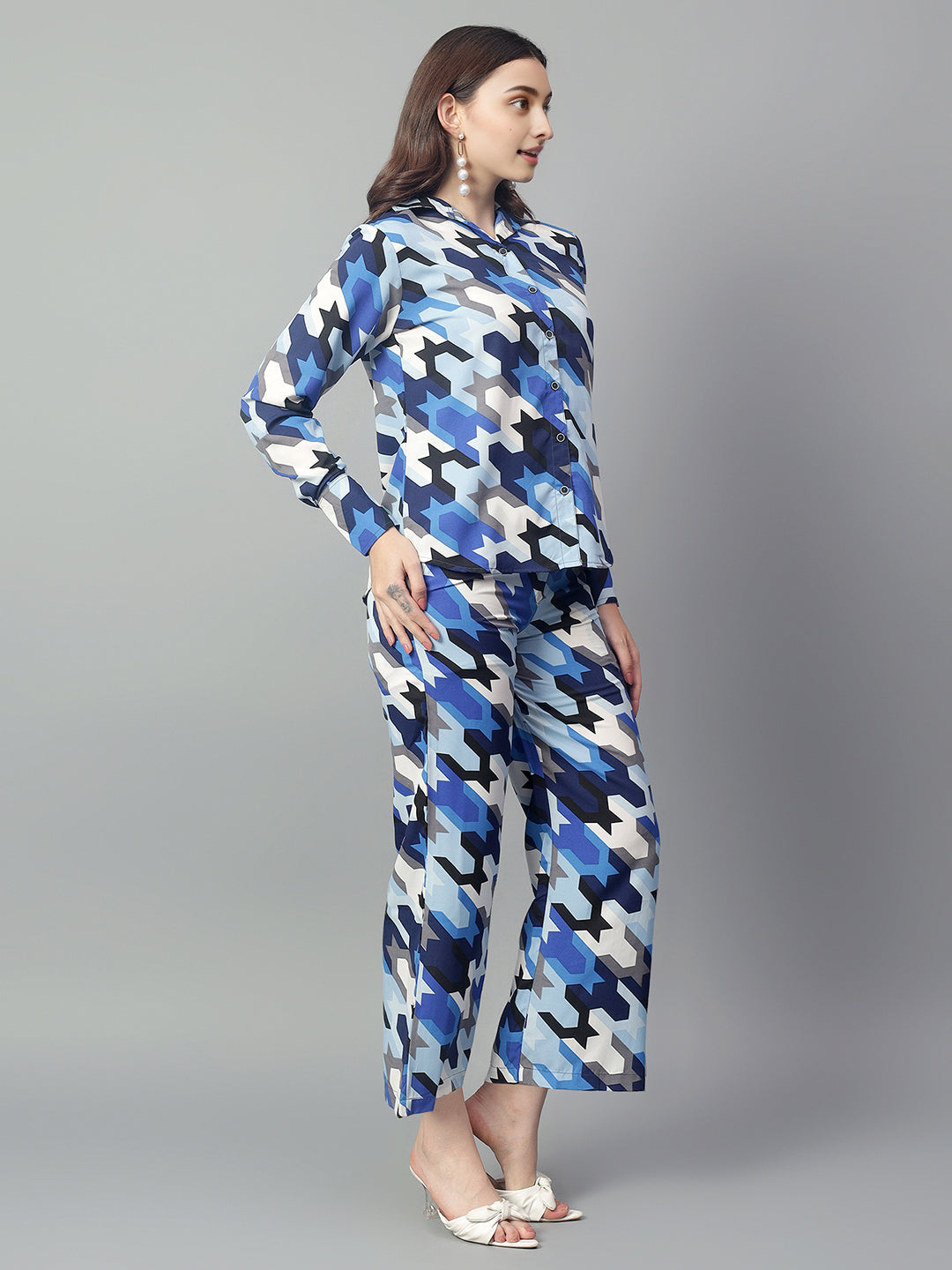 Women's Blue Abstract Print Shirt with Pants Set