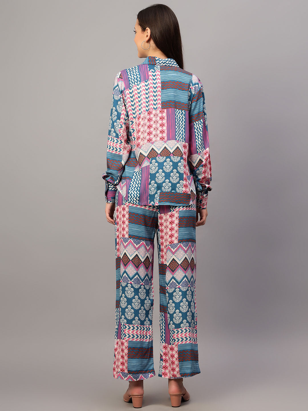 Women's Blue Printed Shirt with Pants Co-Ord Set