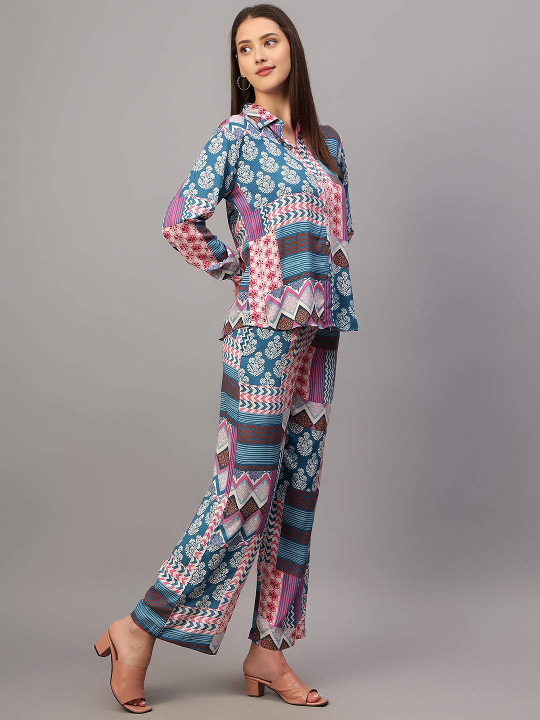 Women's Blue Printed Shirt with Pants Co-Ord Set