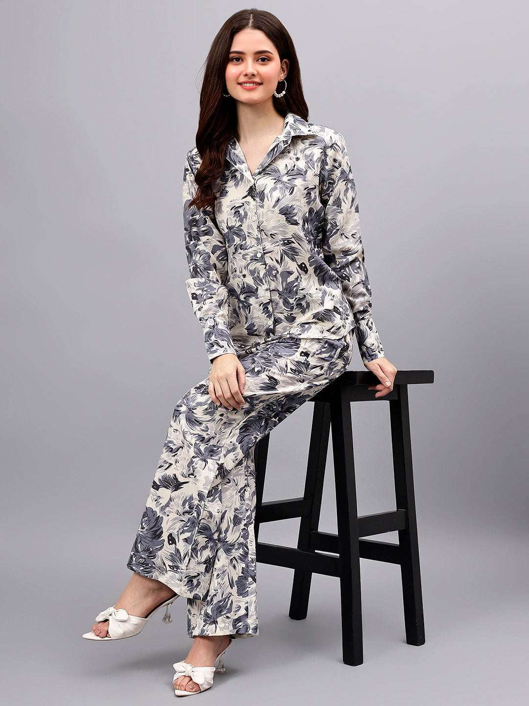 Women's White Printed Full Sleeves Shirt with Pants Co-Ord Set
