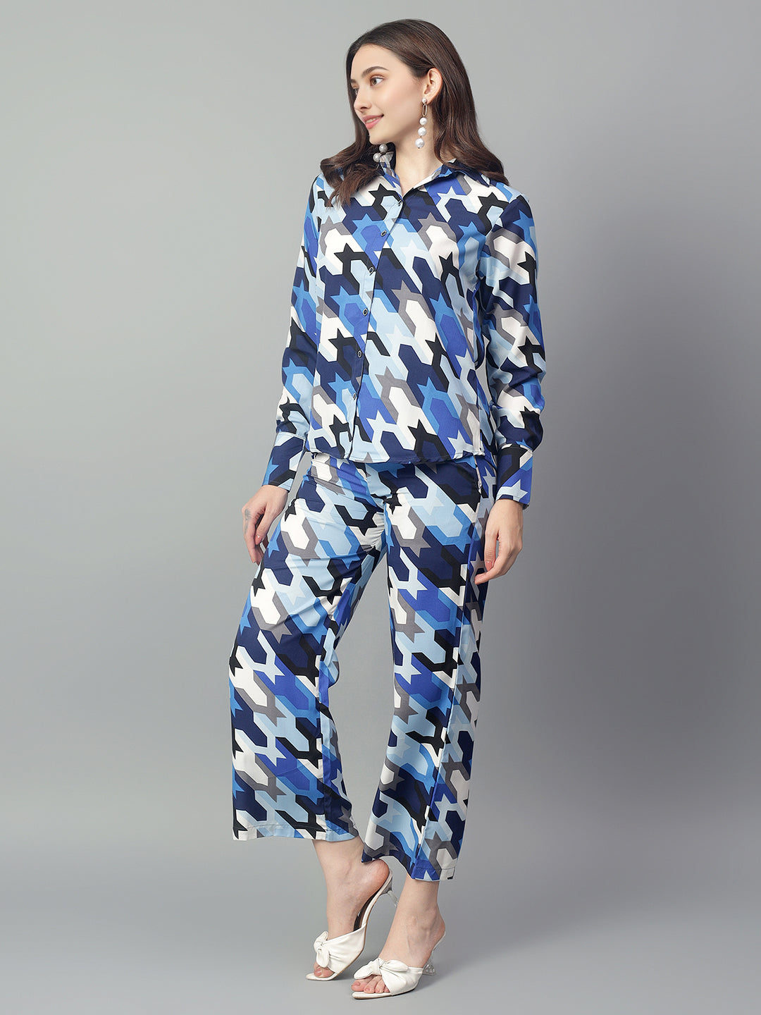 Women's Blue Abstract Print Shirt with Pants Set