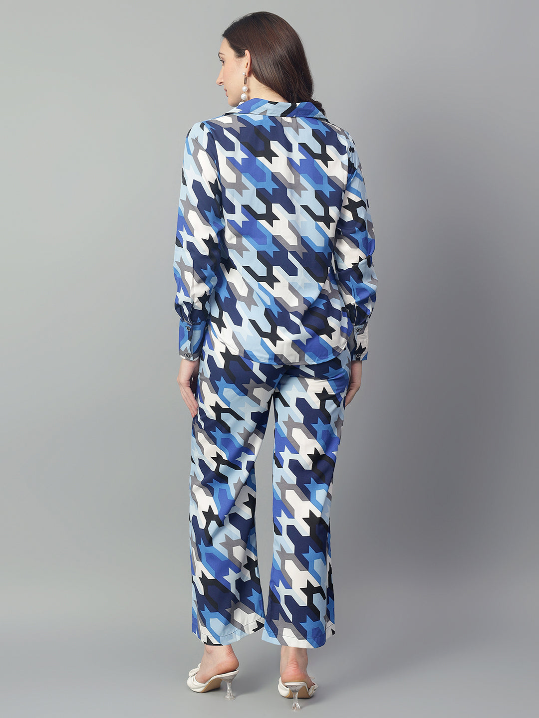 Women's Blue Abstract Print Shirt with Pants Set
