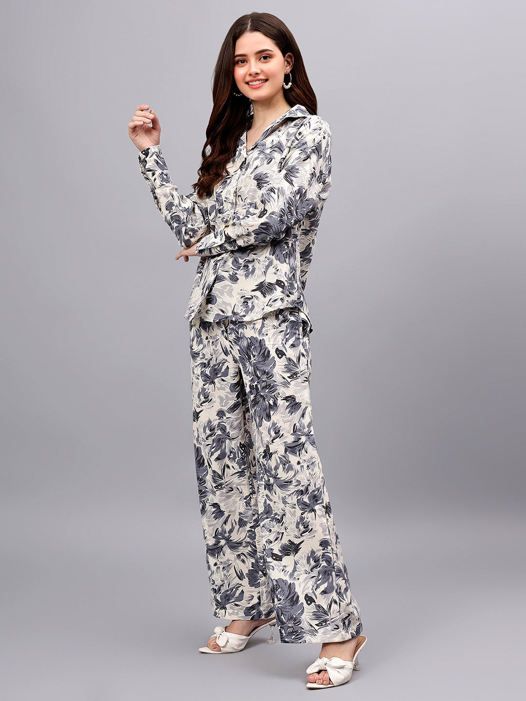 Women's White Printed Full Sleeves Shirt with Pants Co-Ord Set