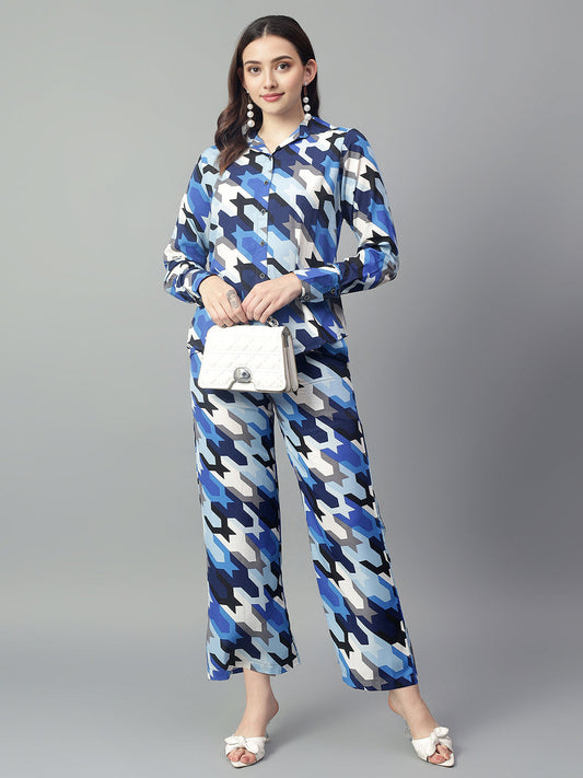 Women's Blue Abstract Print Shirt with Pants Set