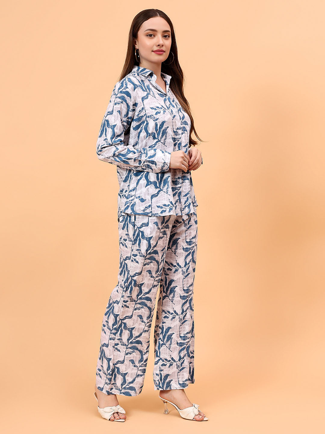 Women's Leaf Printed Shirt with Pants Co-Ord Set